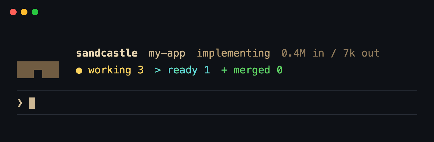 A Claude Code session with a band above the prompt: the castle, then sandcastle, my-app, implementing, and counts of tickets working, ready and merged.